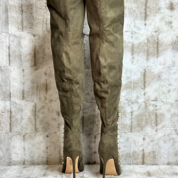 So Me Olive Army Green Gold Stud Thigh High Heel Boots - Picture 7 of 7